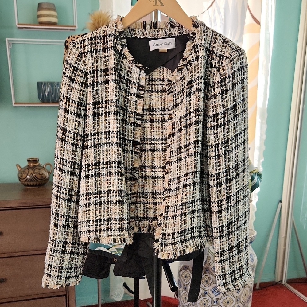 Calvin Klein Women's Black and Cream Tweed Blazer